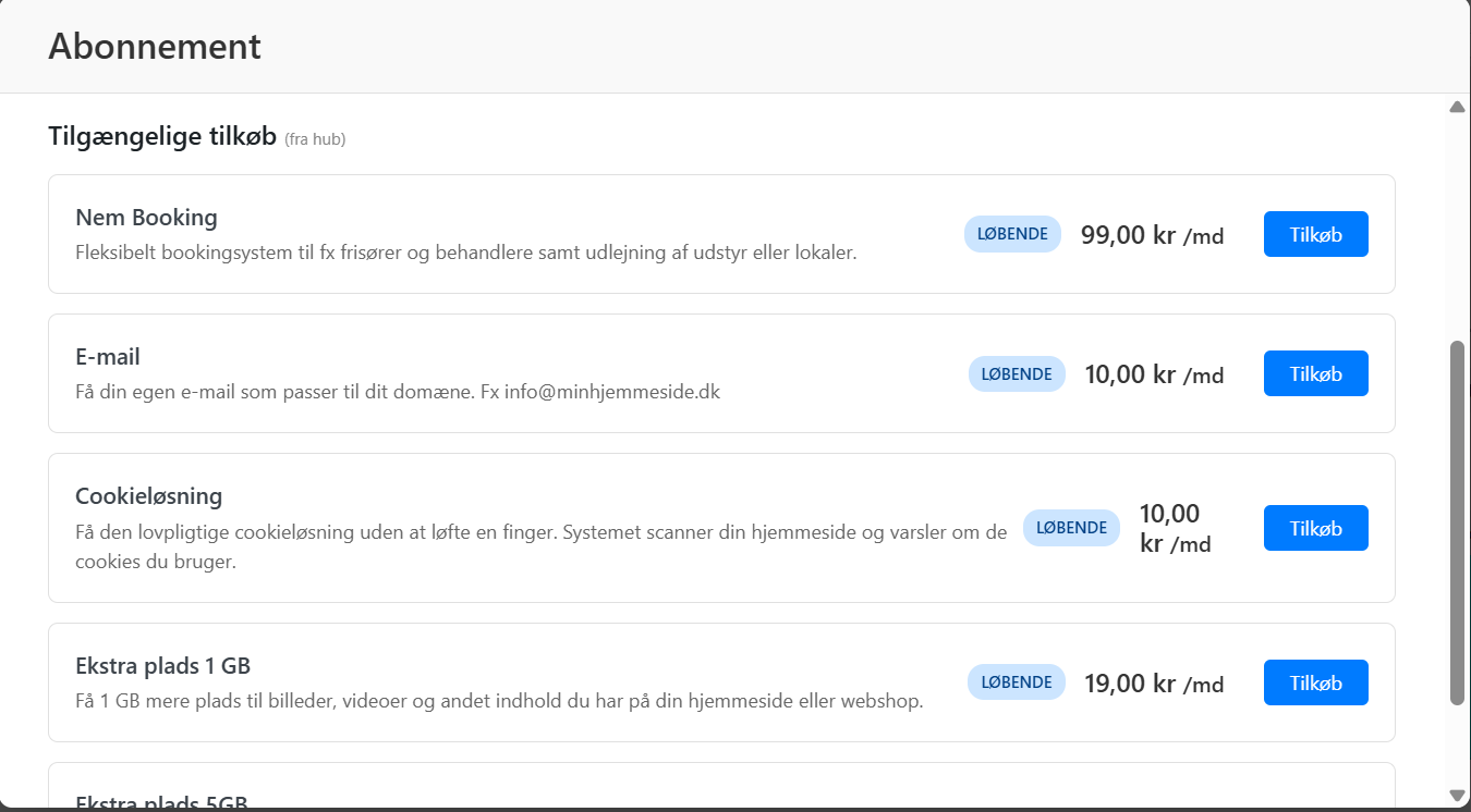Tilgængelige tilkøb i nemCMS: Nem Booking, E-mail, Cookieløsning og ekstra plads med pris pr. måned og Tilkøb-knap