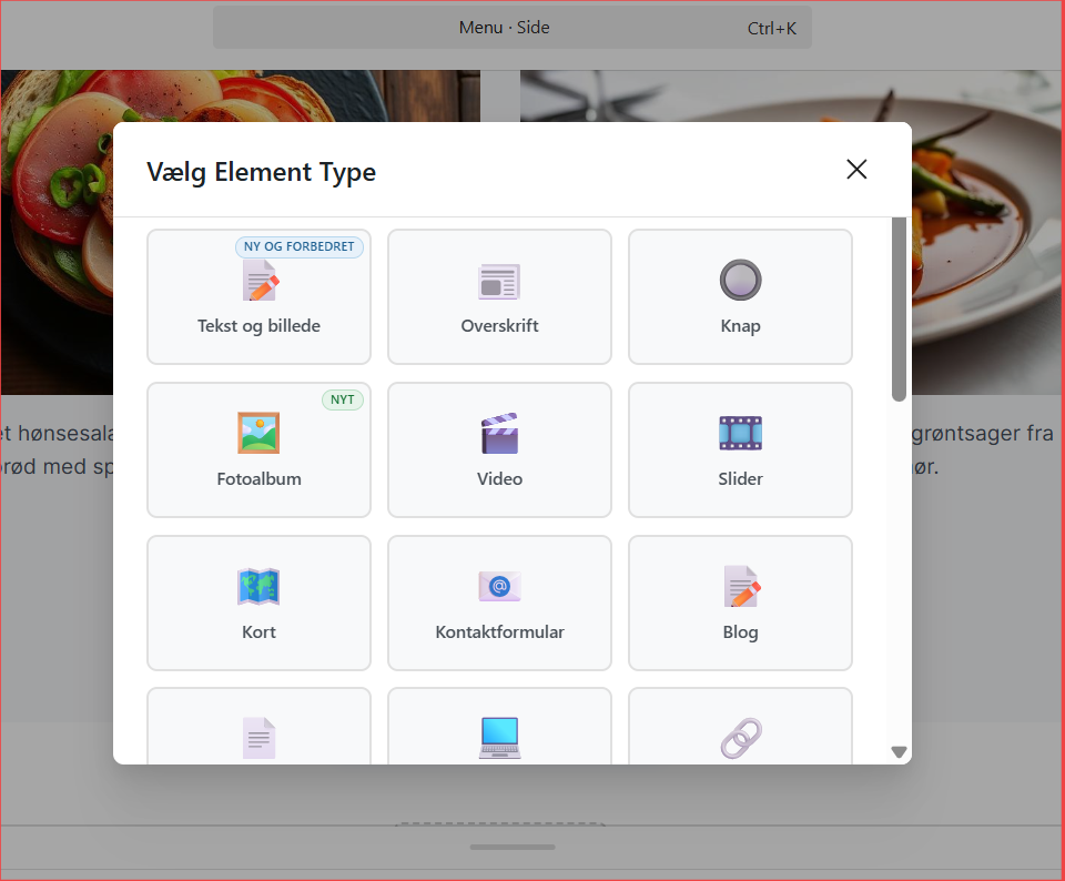 Vinduet Vælg Element Type i nemCMS med elementerne Tekst og billede, Overskrift, Knap, Fotoalbum, Video, Slider, Kort, Kontaktformular og Blog