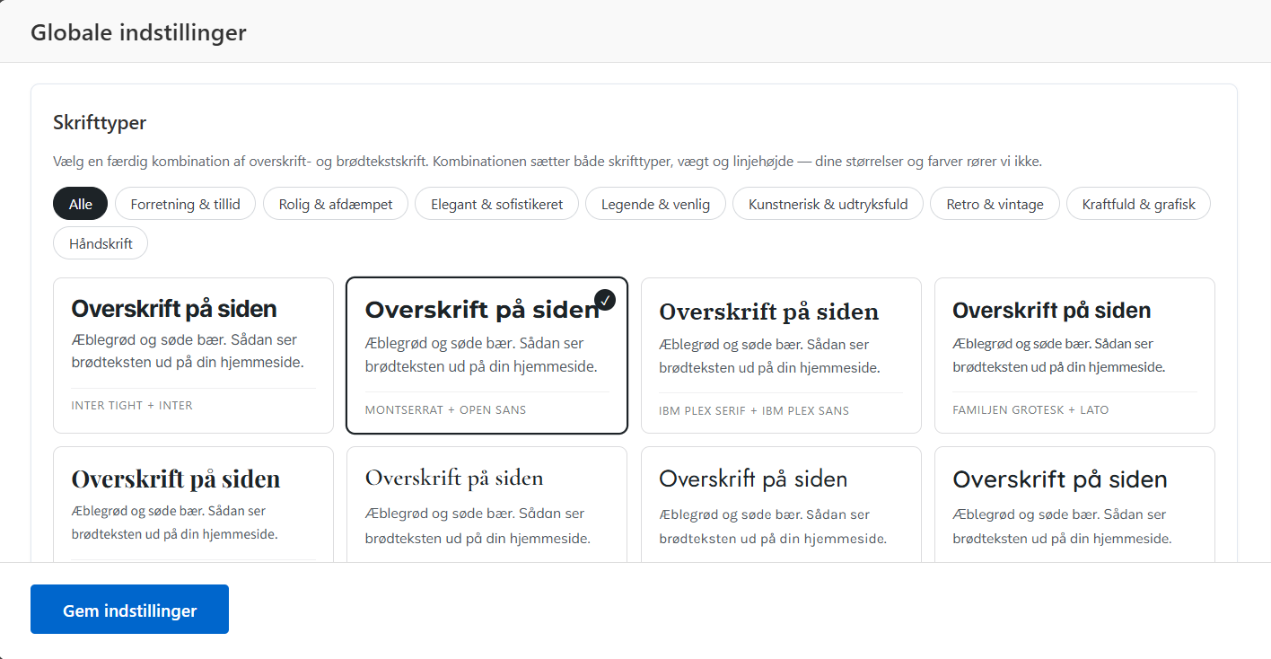 Skrifttyper i Globale indstillinger med færdige fontkombinationer som Montserrat + Open Sans og IBM Plex Serif + IBM Plex Sans