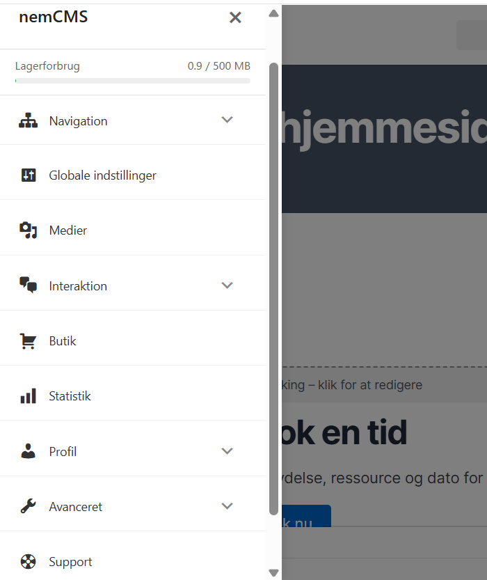 nemCMS-panelet med lagerforbrug og menupunkterne Navigation, Globale indstillinger, Medier, Interaktion, Butik, Statistik, Profil, Avanceret og Support