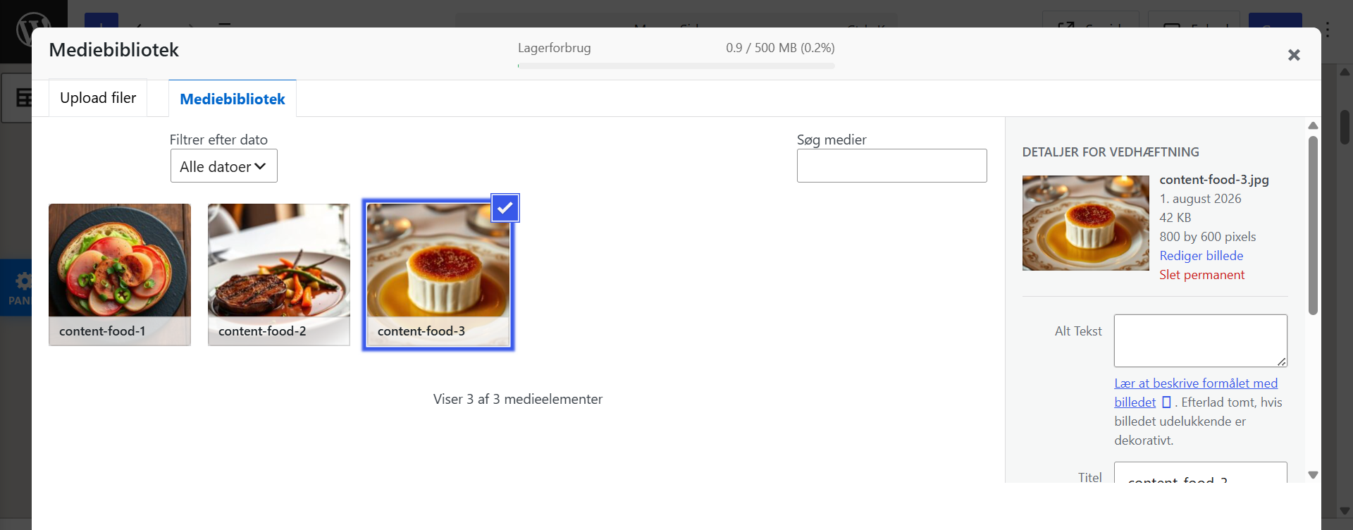 Mediebiblioteket i nemCMS viser uploadede filer, filtre og søgefelt