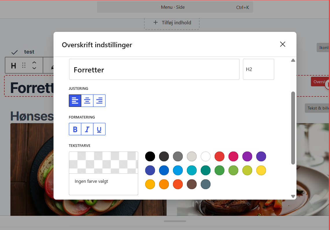 Redigeringsvinduet Overskrift indstillinger i nemCMS med felter til tekst, niveau H2, justering, formatering og tekstfarve