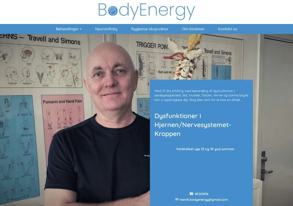Hjemmeside for behandlerklinikken Body Energy med behandlinger og kontakt