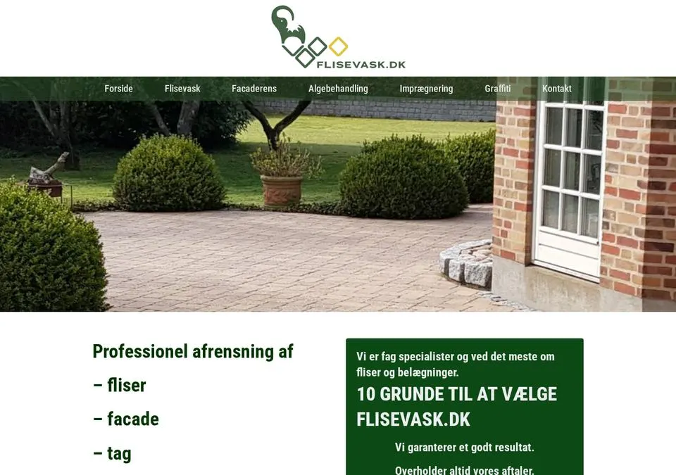 Hjemmeside for Flisevask.dk med afrensning af fliser, facade og tag