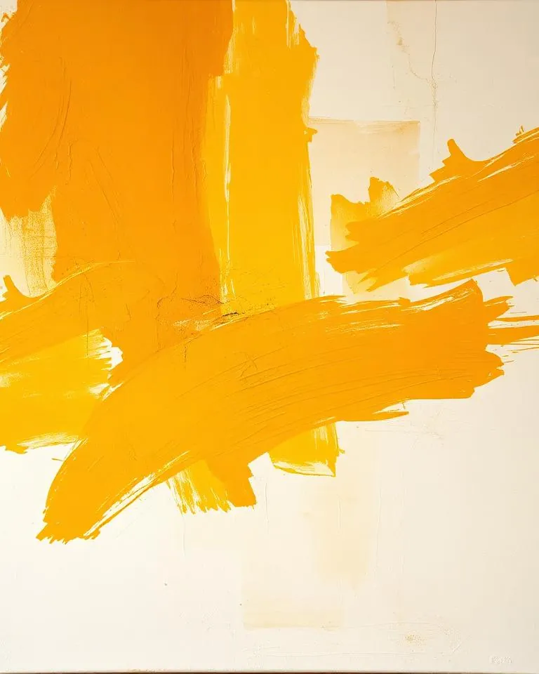 Abstrakt maleri i gule nuancer vist stort på en kunstnerhjemmeside