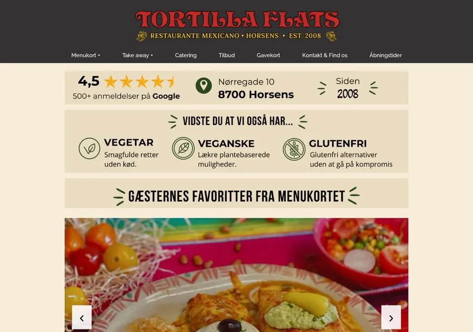 Hjemmeside for Tortilla Flats Horsens med menukort og take away